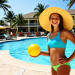 **

"A young girl, fully clothed in a bright, colorful swimsuit with a sun hat, playing with a beach ball at the edge of a swimming pool. Background: A family-friendly resort with palm trees and lounge chairs. Safe for work, appropriate content, modest, professional quality, perfect anatomy, correct proportions, natural pose, well-formed hands, proper finger count, natural body proportions."

**