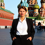 **

A professional businesswoman, fully clothed in a tailored black suit with a crisp white blouse, stands confidently in front of the iconic Saint Basil's Cathedral in Red Square, Moscow. The scene is bathed in the soft glow of a late afternoon sun.  Her expression is one of intelligence and determination. Perfect anatomy, correct proportions, natural pose, well-formed hands, proper finger count, natural body proportions. Safe for work, appropriate content, professional, modest, family-friendly, professional photography, high quality.

**