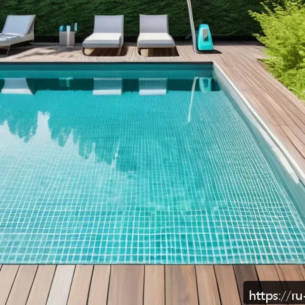 여름철 수영장의 위생 관리 방법 - A modern outdoor swimming pool scene during a sunny summer day in Russia, featuring a high-performan...