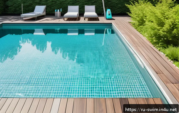 여름철 수영장의 위생 관리 방법 - A modern outdoor swimming pool scene during a sunny summer day in Russia, featuring a high-performan...