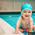 Home 19 수영을 배우는 최적의 나이 - A joyful toddler wearing a colorful swim diaper and a bright swim cap, confidently sitting at the ed...
