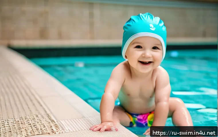 수영을 배우는 최적의 나이 - A joyful toddler wearing a colorful swim diaper and a bright swim cap, confidently sitting at the ed...