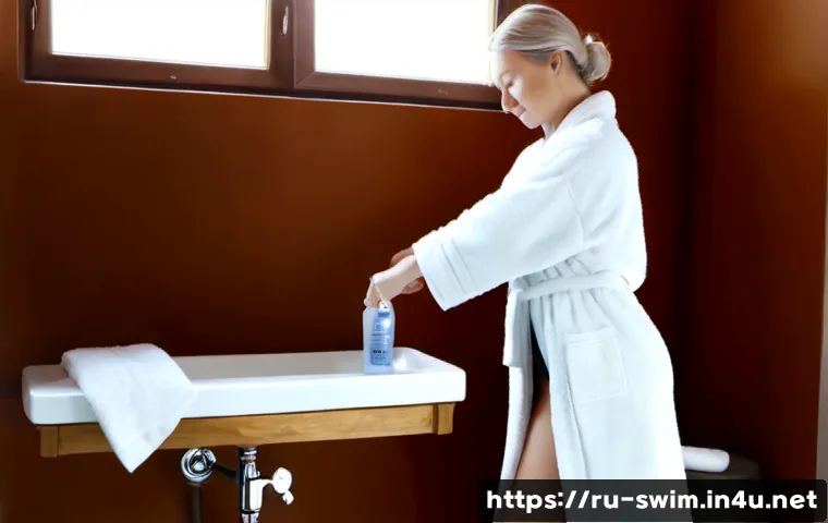 Home 15 수영 후 피부 관리 방법 - Photorealistic bright Russian apartment bathroom after swimming, a woman in her 30s wearing a modest...